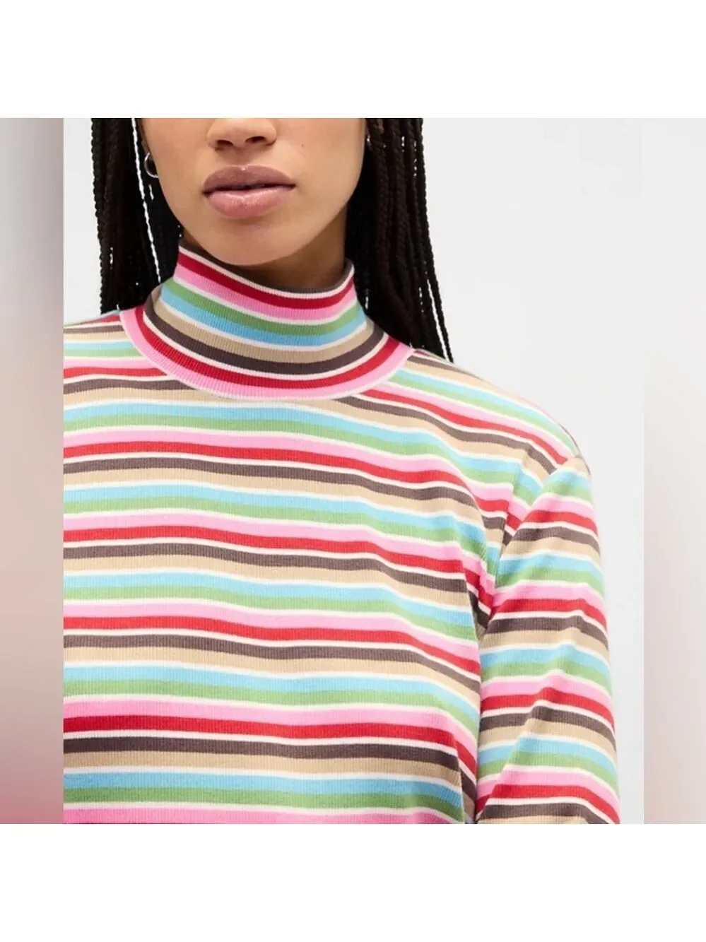 Gap Happy Stripe Ribbed Colorful Turtleneck T-Shirt NWOT L Rainbow Stripes - Picture 5 of 6